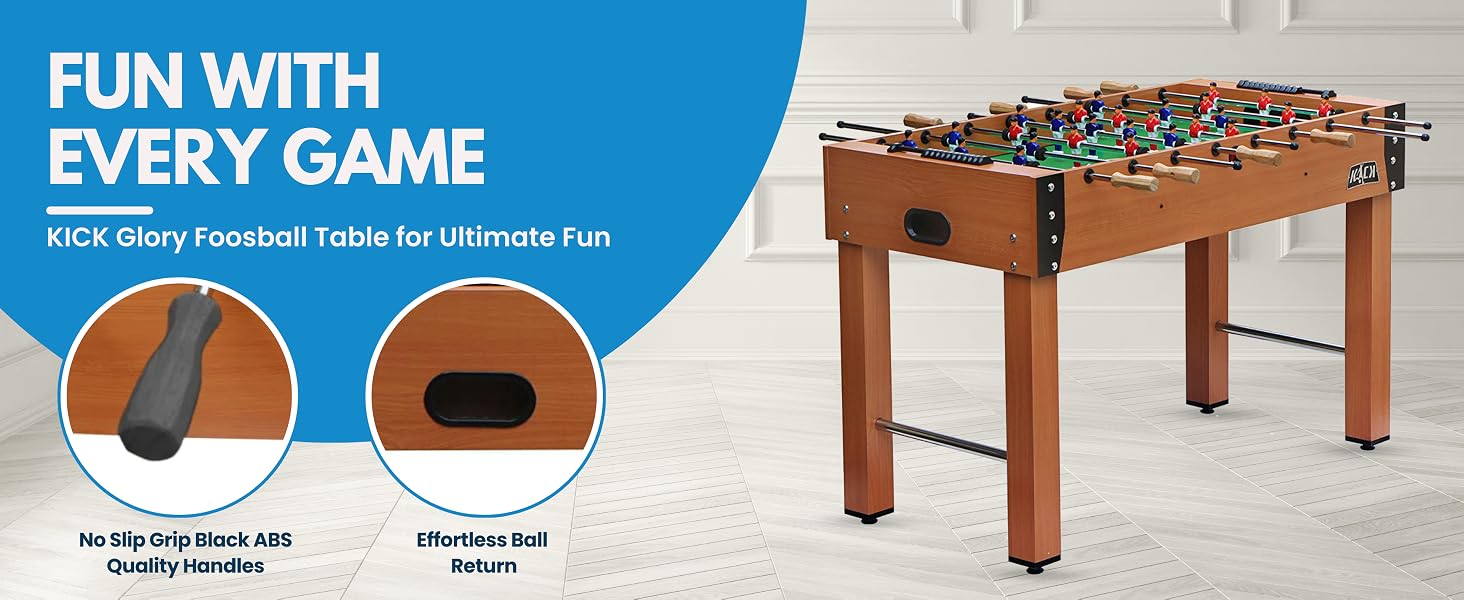 Foosball table with quick ball return for fast-paced, continuous gameplay