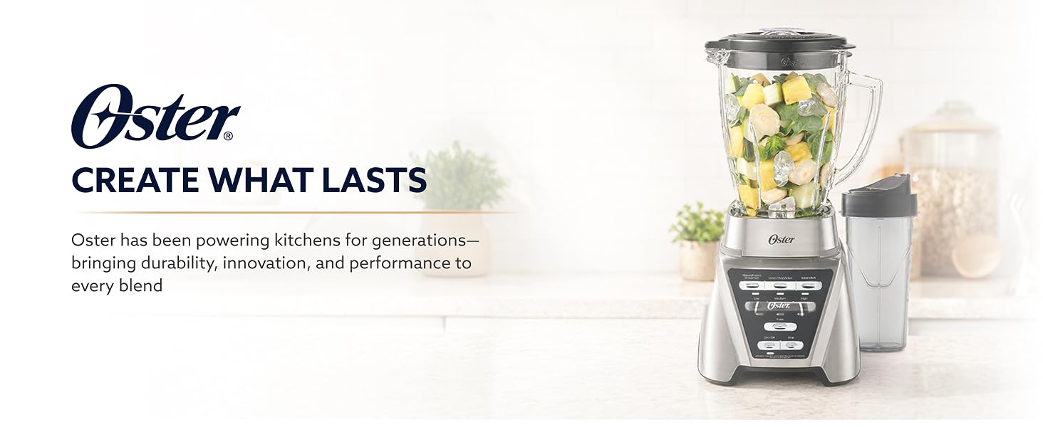 Oster blender with 1200 peak-watt motor badge; fruit and ice in jar with Blend-N-Go cup