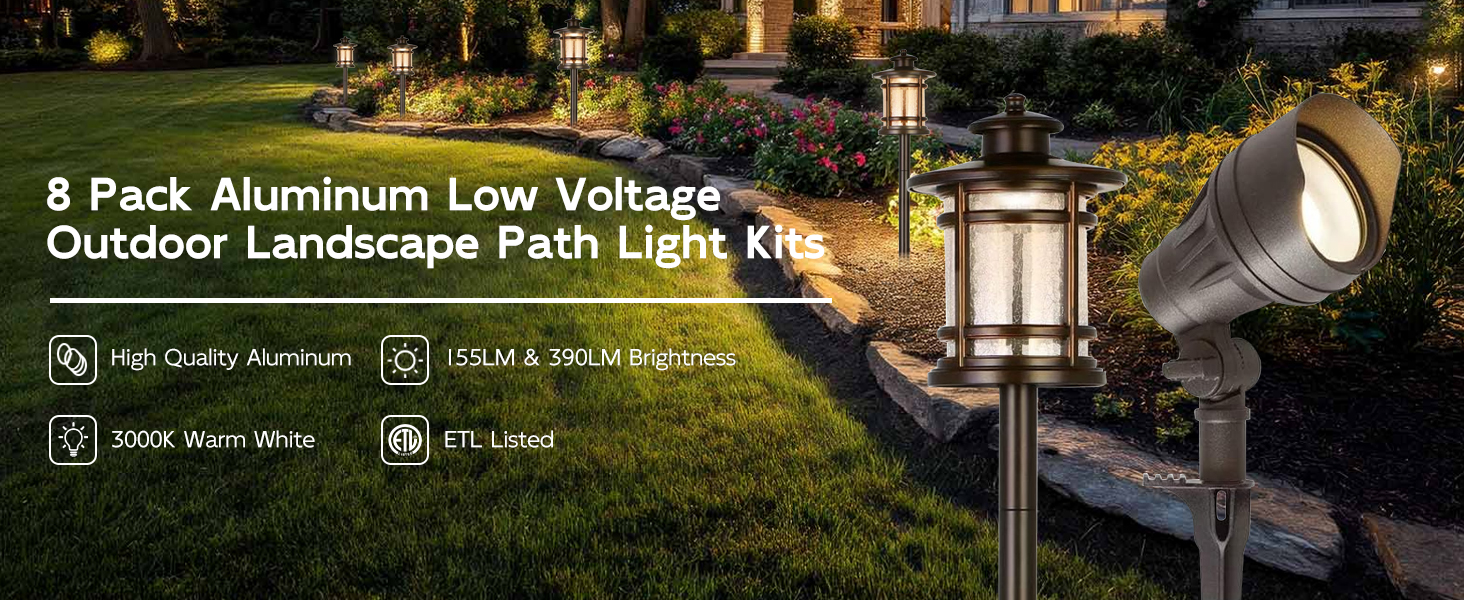 8 Pack Aluminum Low Voltage Outdoor Landscape Pathway Light Kits
