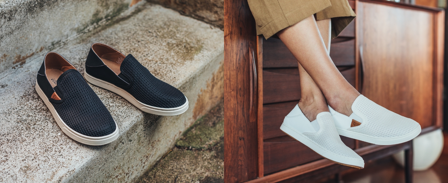 studio shot of Pehuea women&amp;#39;s slip on shoes, woman wearing a pair of Pehuea while relaxing