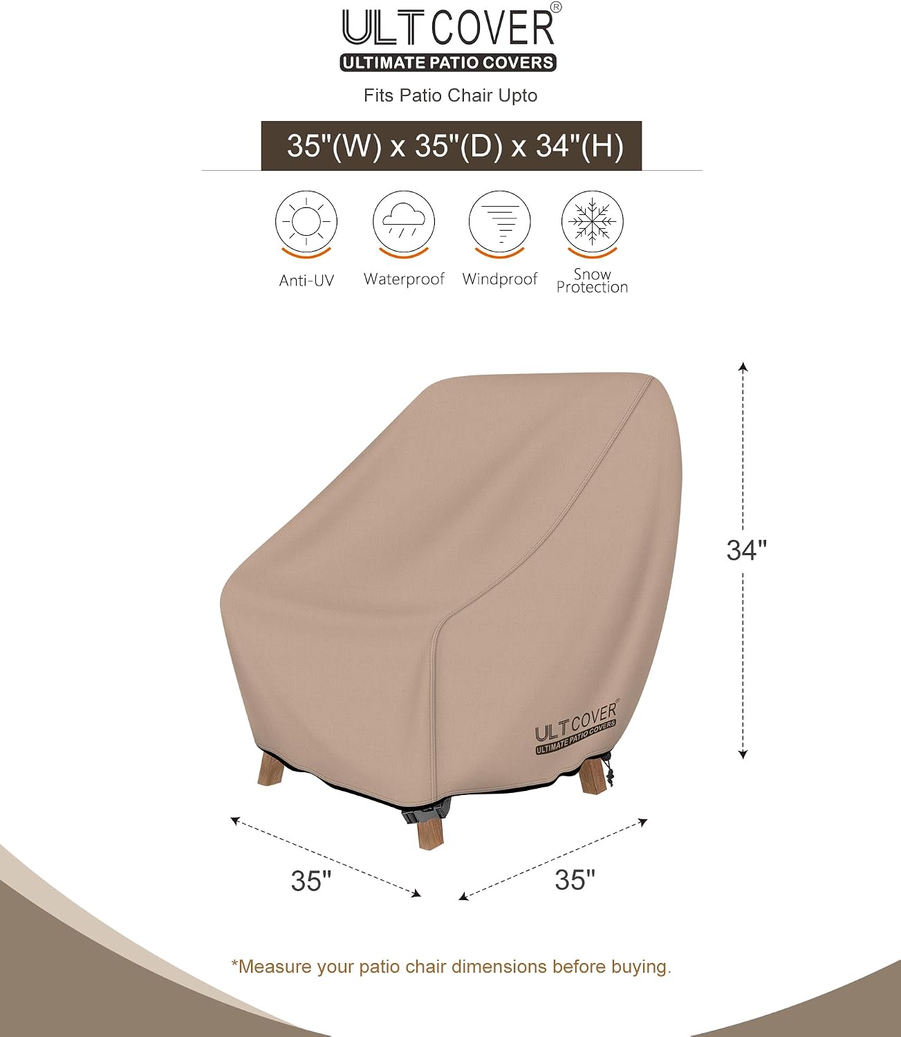 ULTCOVER Waterproof Patio Chair Cover, 35W x 38D x 34H in