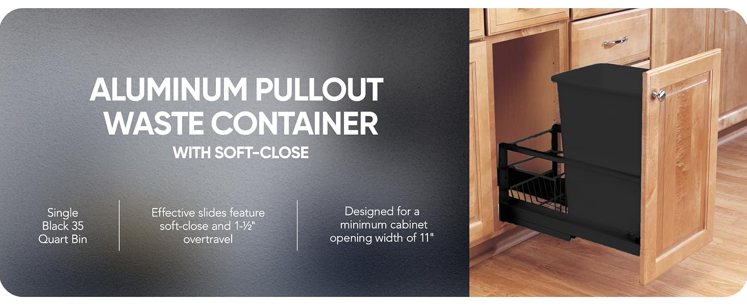 A single black waste bin slides out under the counter. Text reads: Aluminum Pullout Waste Container.