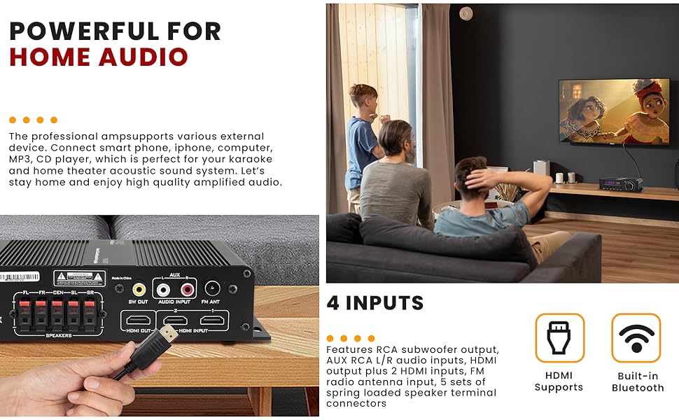 audio; power; amplifier; system; 5 channel; stereo; speaker; bluetooth; remote; HDMI; PFA540BT