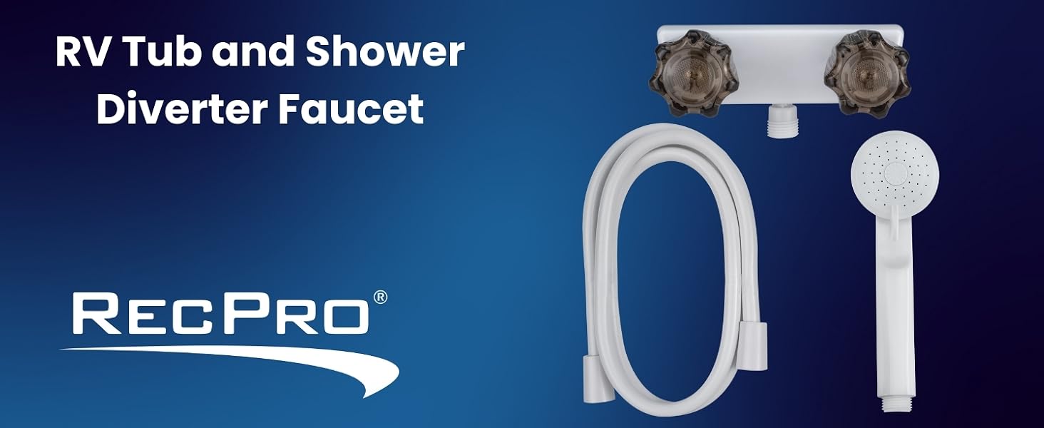 RV Tub and Shower Diverter Faucet. White/Smoke with Handheld Shower Head &amp; Hose.