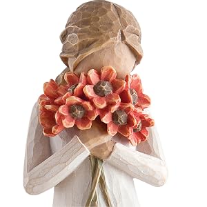 Close up detail of figure holding poppies up to face.