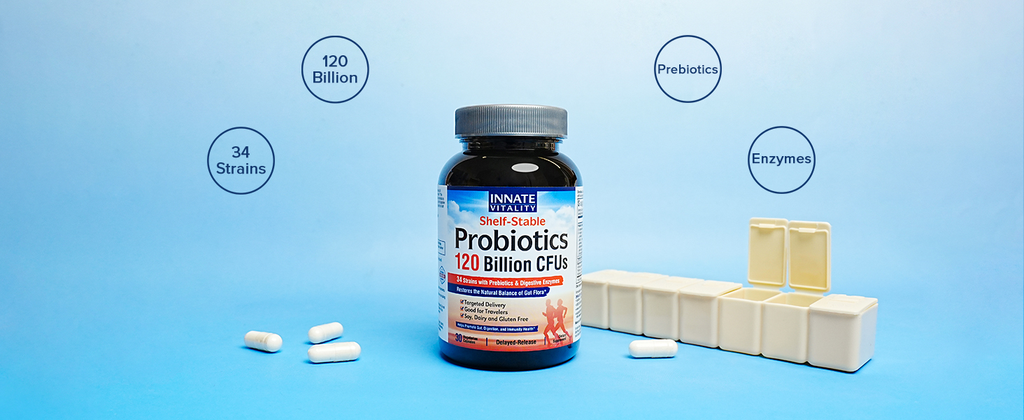 Innate Vitality 3-in-1 Probiotics with 120 Billion, 34 strains, prebiotics, digestive enzymes.