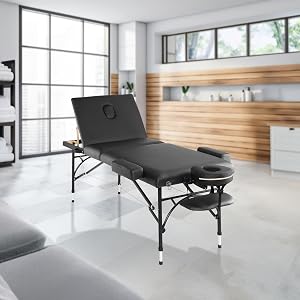 Comfortable padded table, salons, therapy, sturdy frame, tilt backrest, headrest, massage, treatment