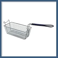 Rectangular metal fryer basket with wire mesh and heat-resistant handle.