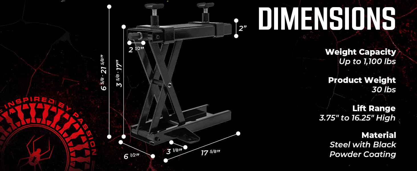 Diagram of motorcycle dolly with dimensions, weight, capacity, and aluminum material details.