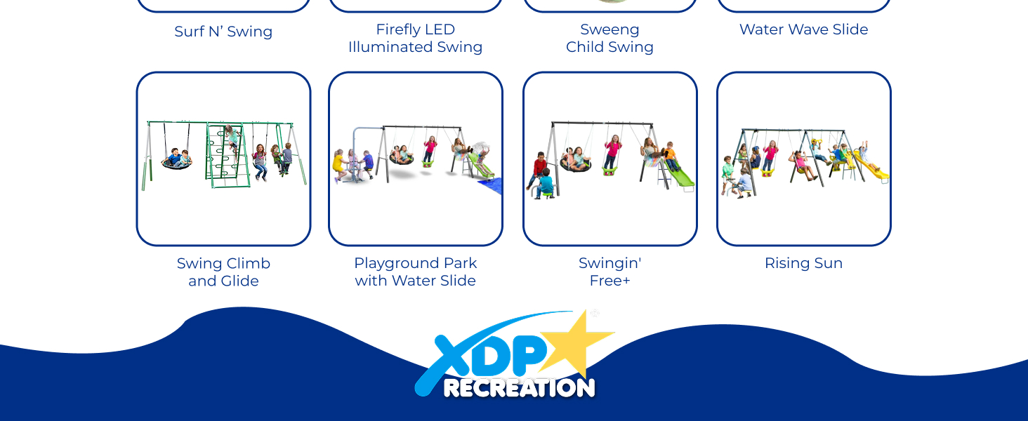 XDP Recreation metal backyard swing set for up to 10 kids. Includes a slide, see-saw, &amp; 5 swings