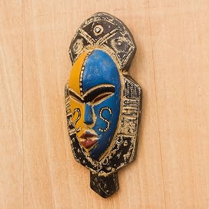 Novica Handmade Blue Orange Wood African Mask Hecha a mano Azul Naranja Madera Africana Mascarilla