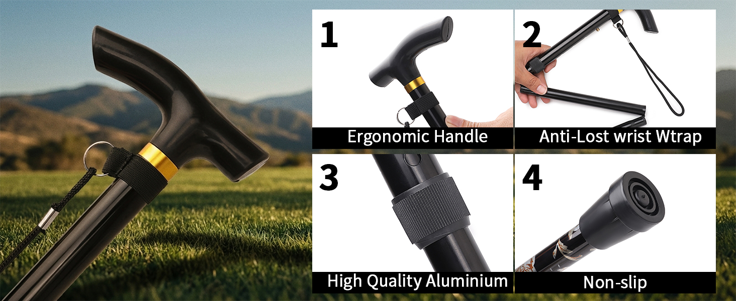 Folding Lightweight Walking Stick - Adjustable Aluminum Metal Collapsible Travel Cane