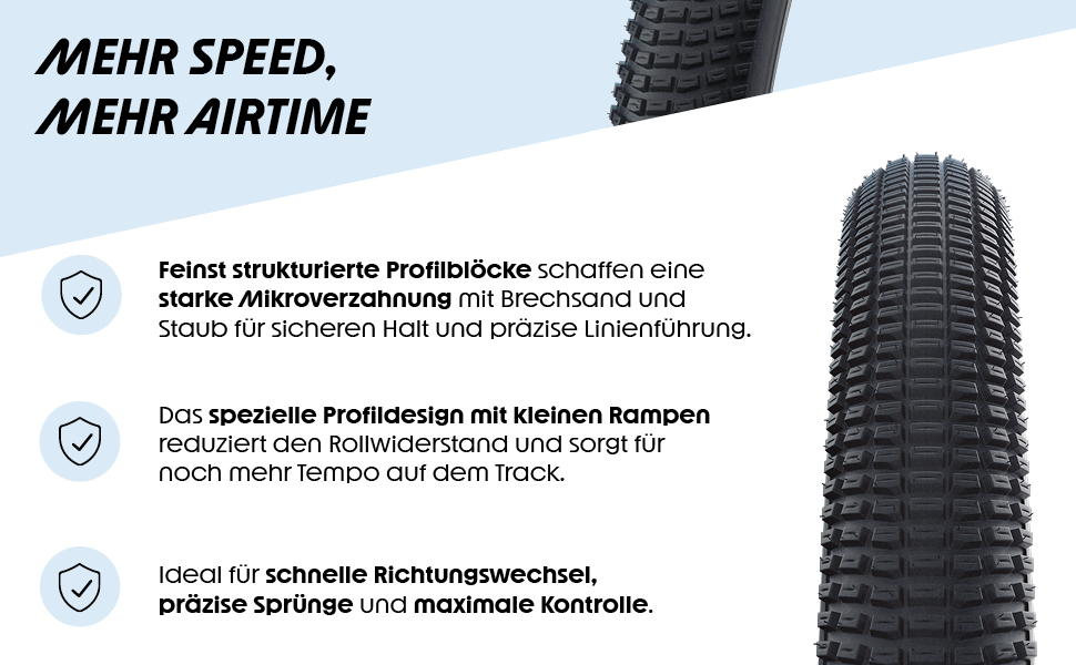 Text reads 'MEHR SPEED, MEHR AIRTIME'. Product image showing detailed tire tread pattern with German text describing technical specifications.