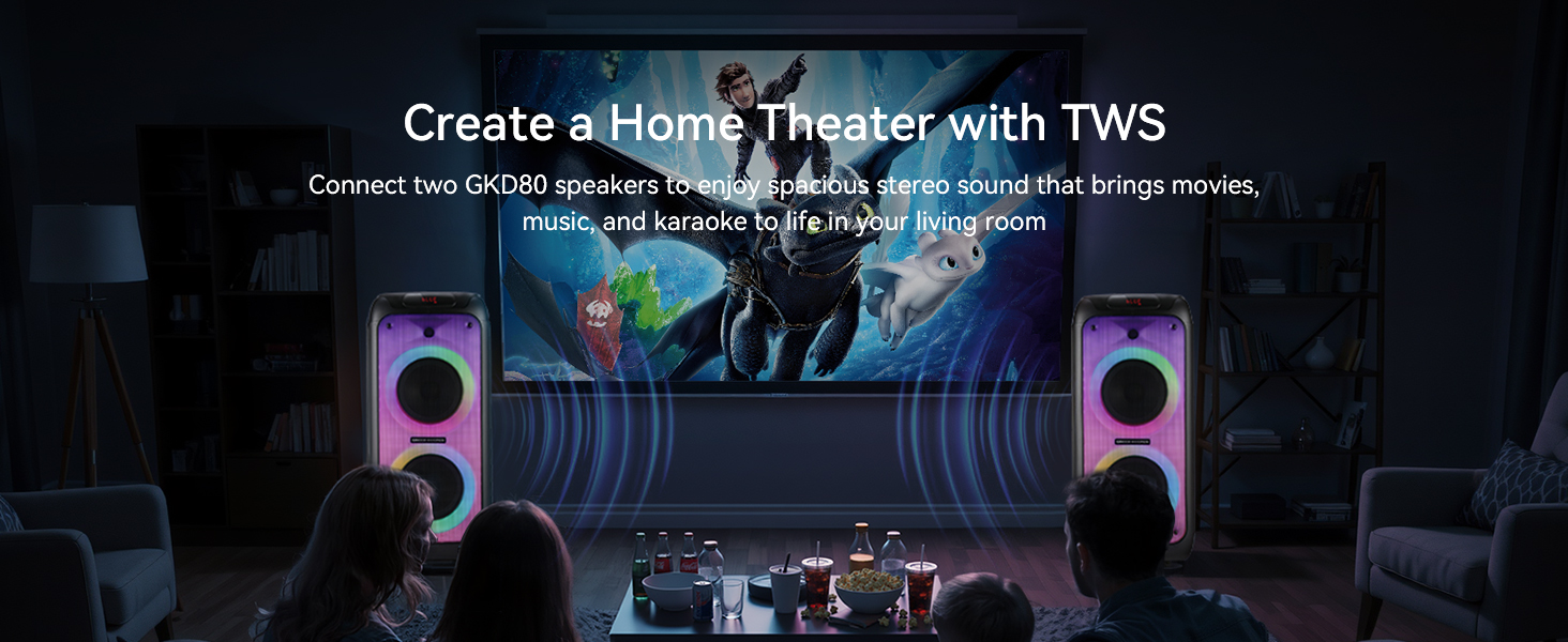 Text reads 'Create a Mobile Theater with TWS'. Dark room setting with projection display and speaker system setup.
