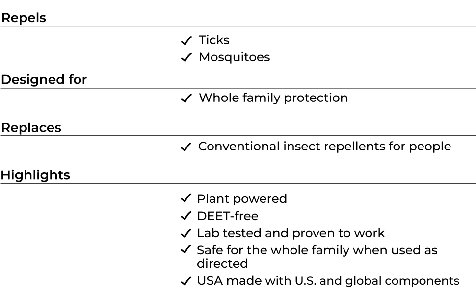 Repels ticks &amp;amp; mosquitoes. Designed for whole family protection.