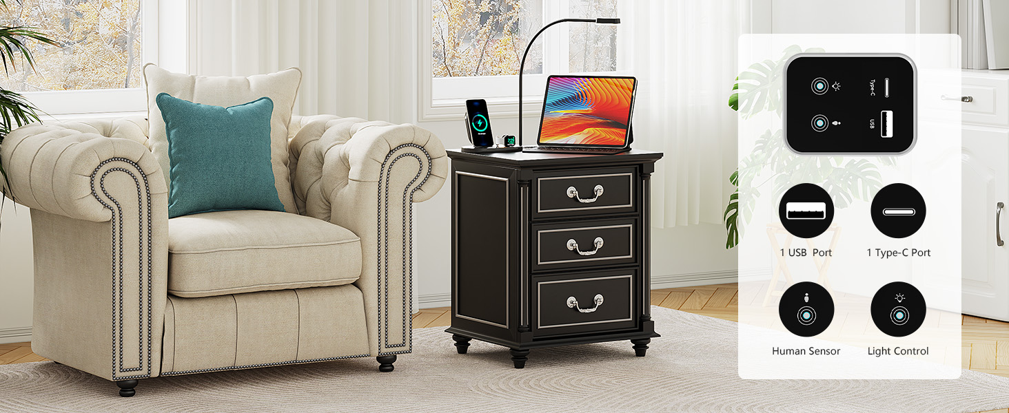 nightstand with charging station black
