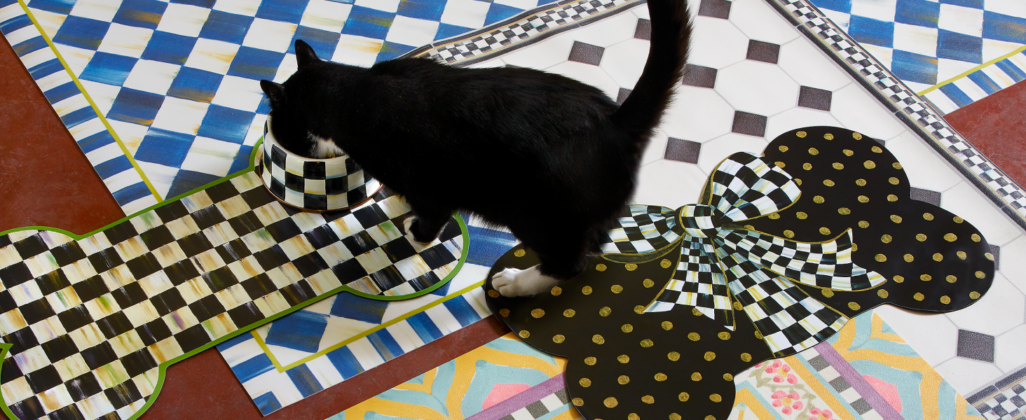 Black Cat over courtly check and courtly bow mats