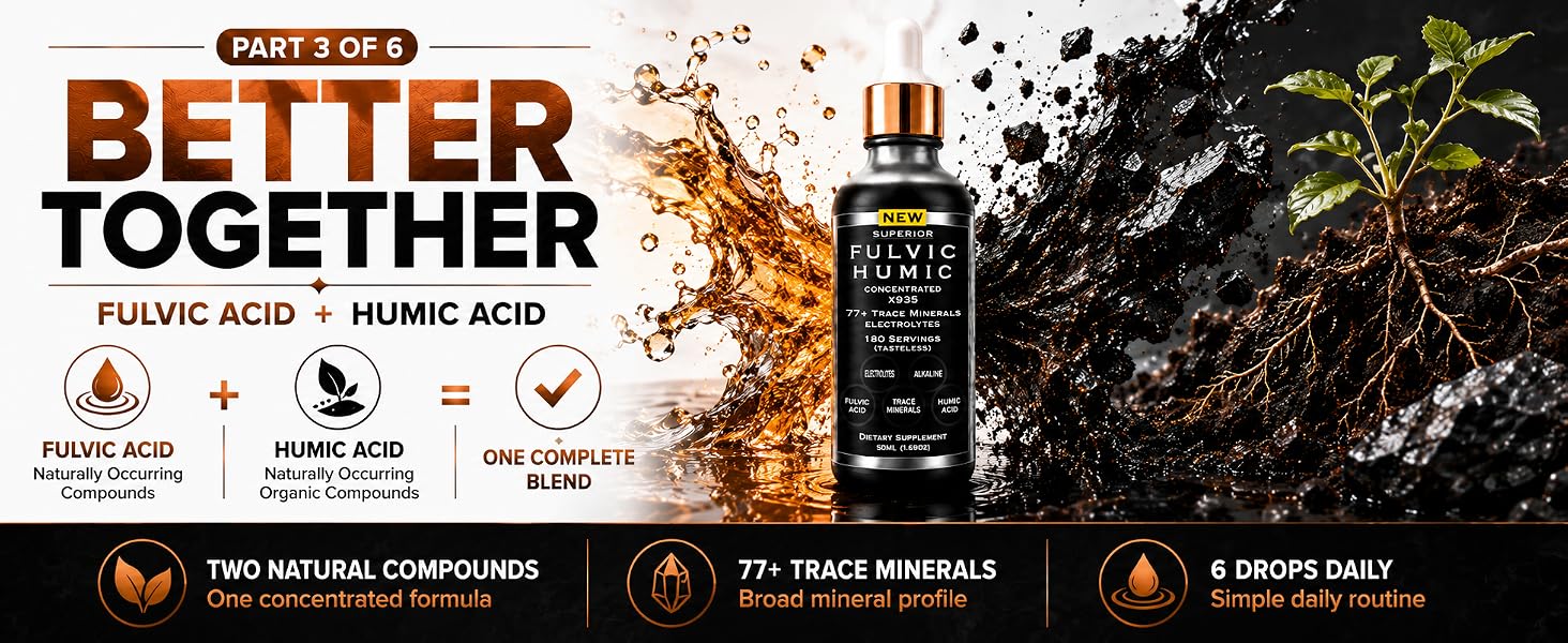 Fulvic acid and humic acid drops with 77+ trace minerals in one concentrated liquid blend