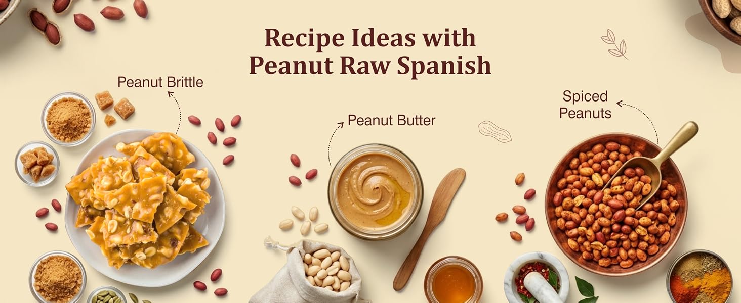 Aiva raw Spanish peanuts shown with peanut brittle, peanut butter, and spiced peanuts.