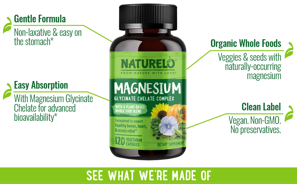 NATURELO, Magnesium, Glycenate, Chelate, Complex, Natural Supplement, 200 mg, Vegan, Vegetarian