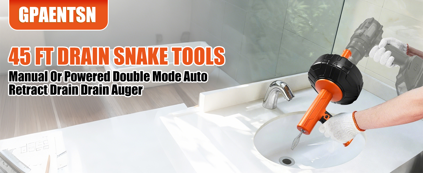Gpaentsn 45 FT Drain Snake Tools, Manual Or Powered Double Mode Auto Retract Drain Drain Auger