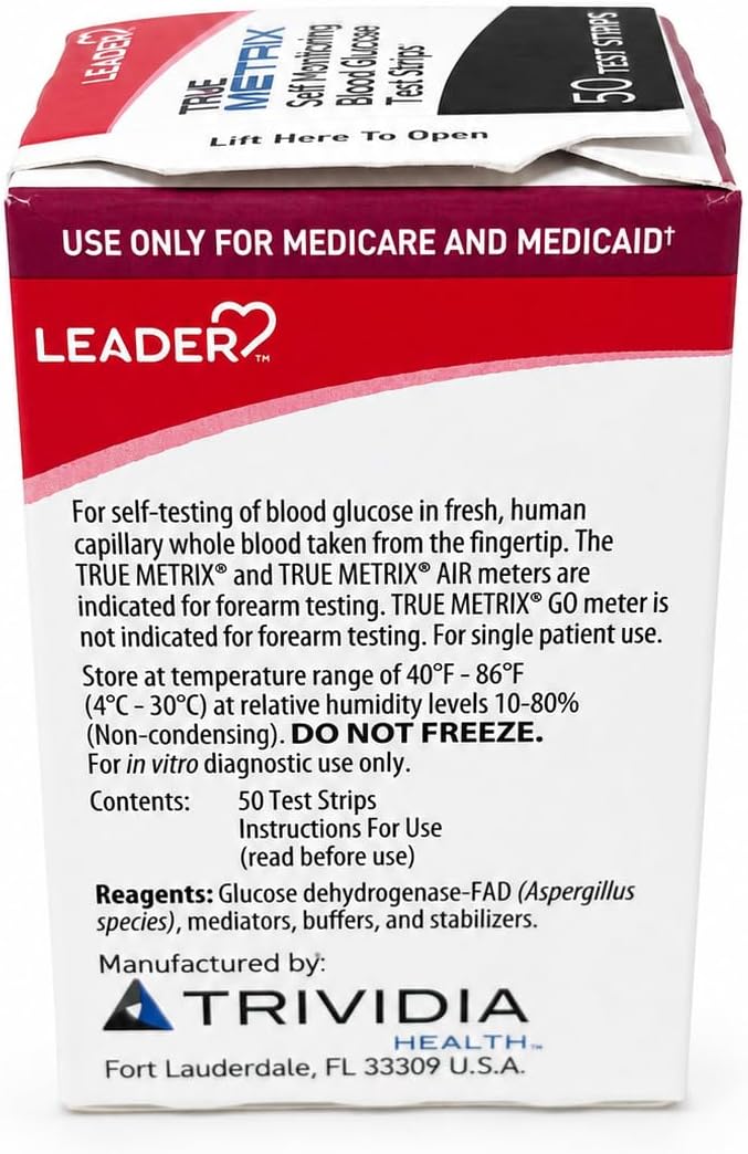 LEADER True Metrix Blood Glucose Test Strips for Diabetes, Tiny Blood Sample, Self-Monitoring, Triple Sense Technology, for Adults and Kids 12+