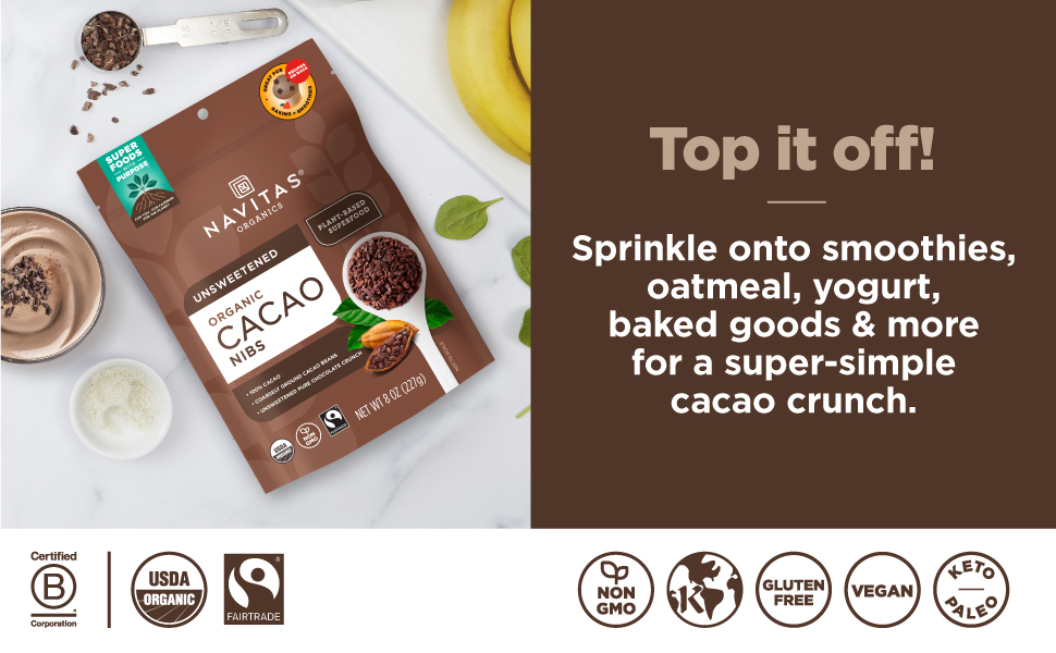 cacao nibs chocolate raw smoothies yogurt toppings