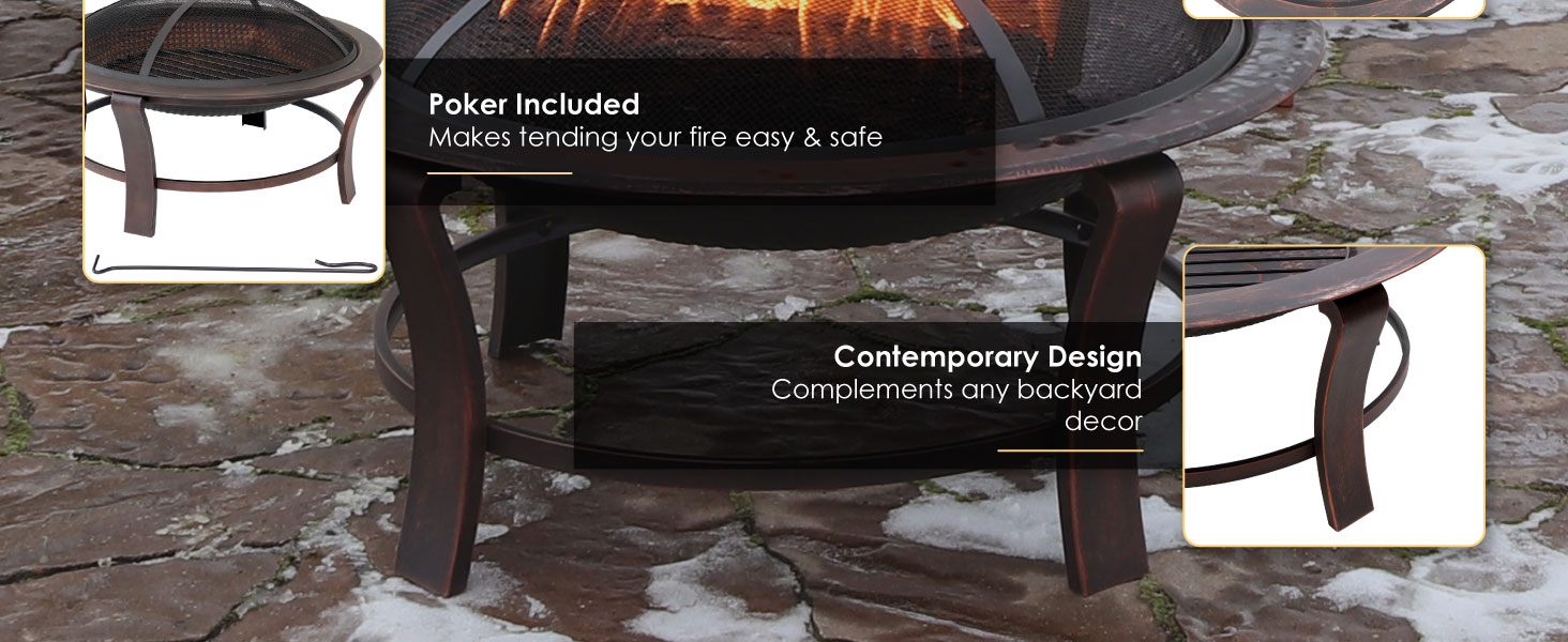 29-Inch Elevated Wood-Burning Fire Pit Bowl with Stand - Poker Included, Contemporary Design