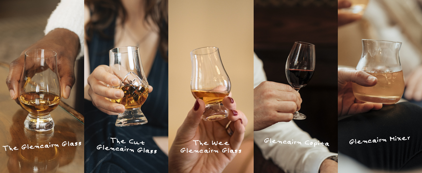 Five-panel image showcasing various glassware styles for different alcoholic beverages. Includes stemmed and tulip-shaped glasses held by different hands, containing amber and dark-colored liquids.