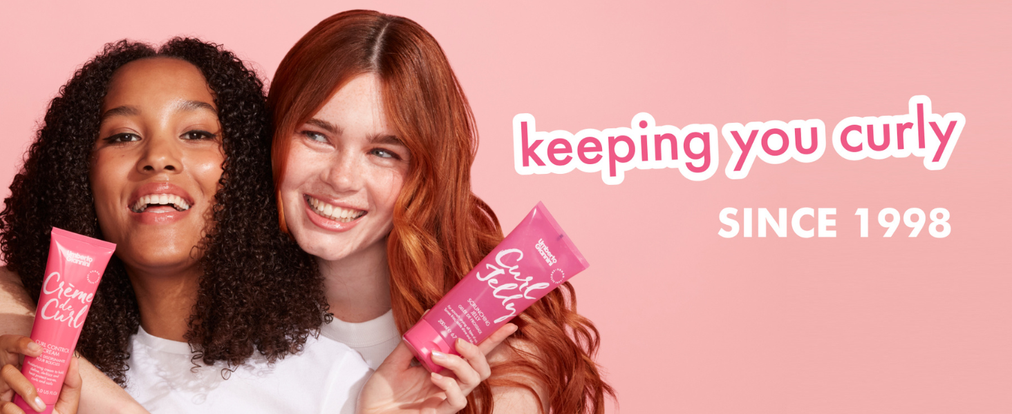 Text reads 'keeping you curly SINCE 1998'. Multiple promotional images showing curly hair care products and styling results on pink background.