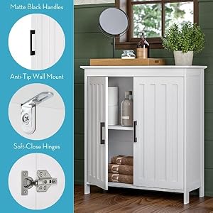 floor cabinet displayed in room. Includes black handles, wall mounts and soft close hinges