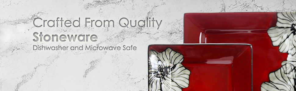red white square round floral stoneware dinnerware dish set for 4 microwave dishwasher safe