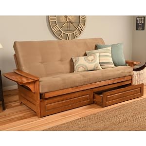 futon, storage, drawers, couch, hide a bed, bed, sofa, living room, brown, suede, upholstered