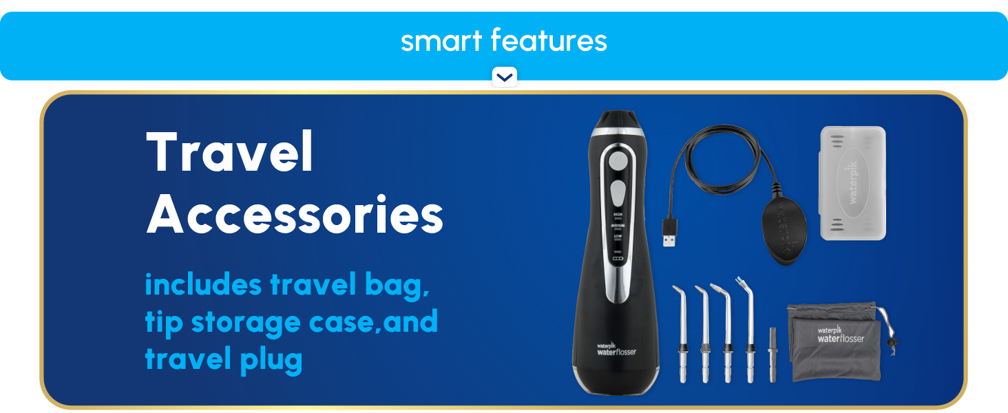 Image of water flosser travel accessories with text reading includes travel bag and tip storage case