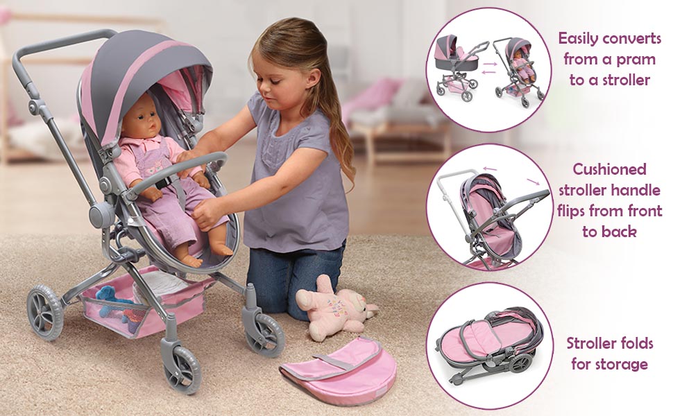 Young girl kneeling next to a doll stroller securing a doll in the harness