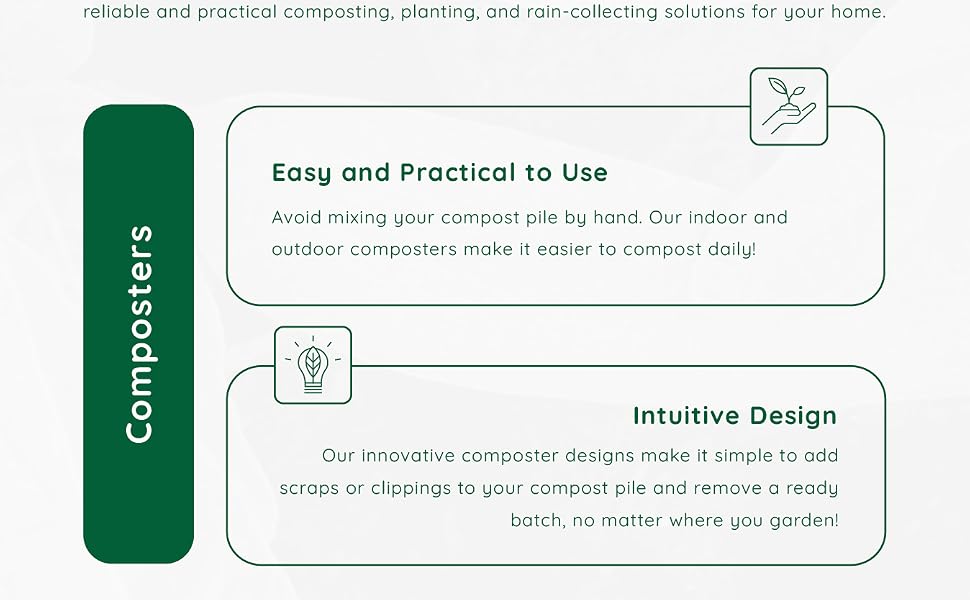 Green icons for composter-bin uses. Text reads: Composters. Easy to use. Intuitive design.