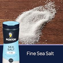Fine Sea Salt on Wood Background with Morton Product Image in Front