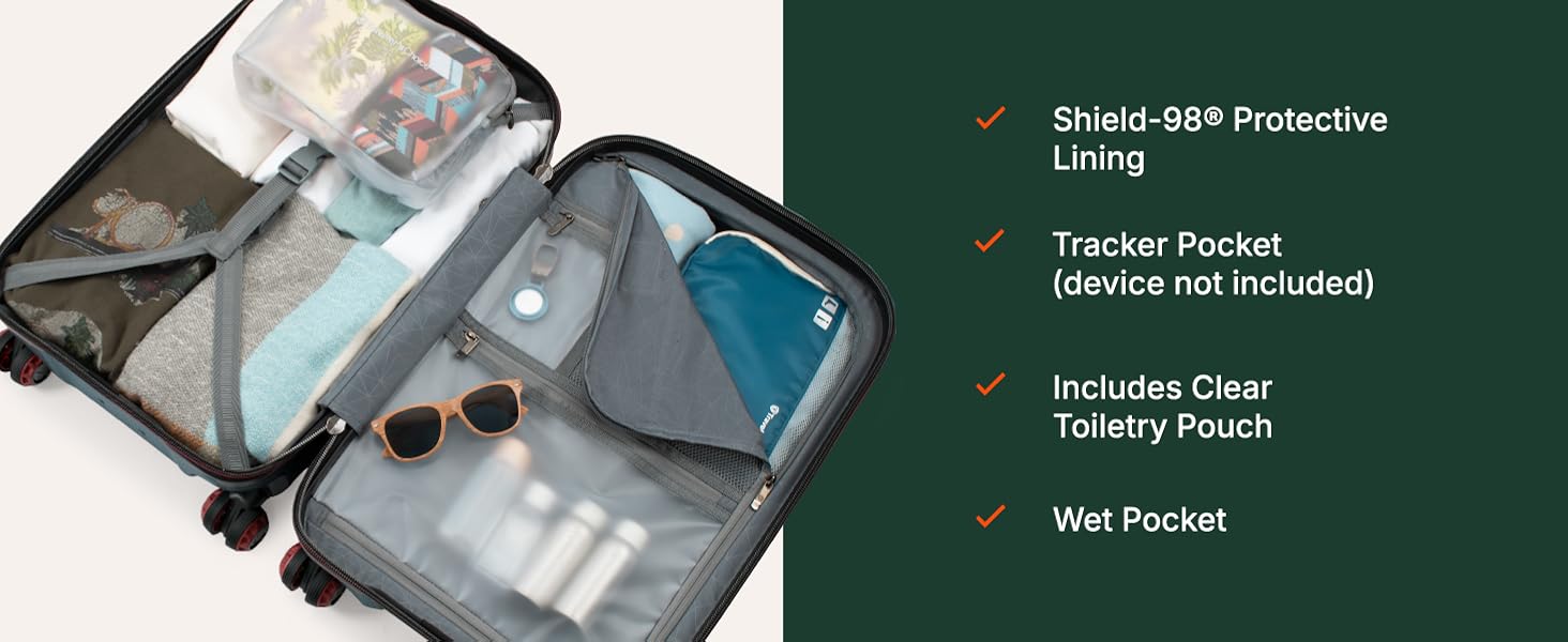 Interior, Shield-98 Lining, Tracker Pocket, Clear Toiletry Pouch, Wet Pouch