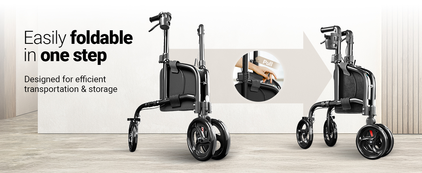 Foldable mobility walker shown in multiple positions, demonstrating its one-step folding mechanism for transportation and storage.