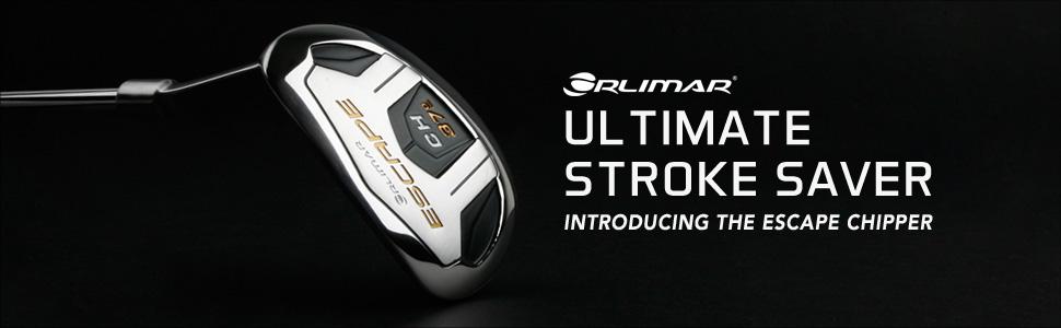 sole of a golf chipper, Orlimar logo text "Ultimate Stroke Saver, introducing the Escape chipper"