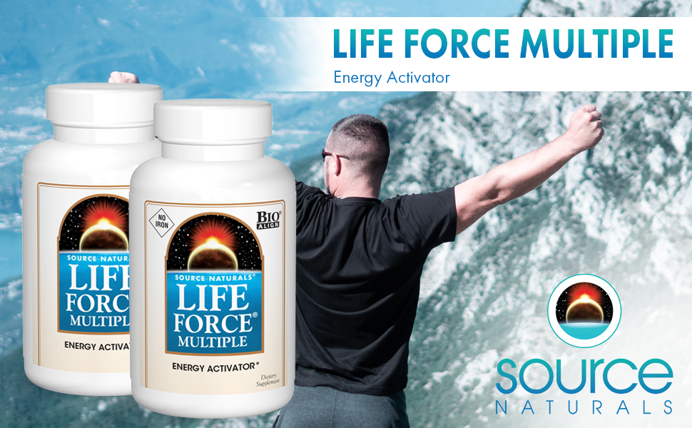 Life Force Multiple Bottles overlaying image of a man on a mountain with arms outstretched