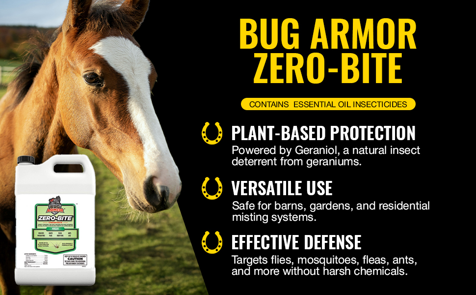 Zero-Bite contains essential oil insecticides for use in barn, garden, or residential misting system