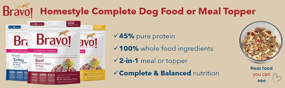 Bravo Homestyle Complete Dog Food or Meal Topper