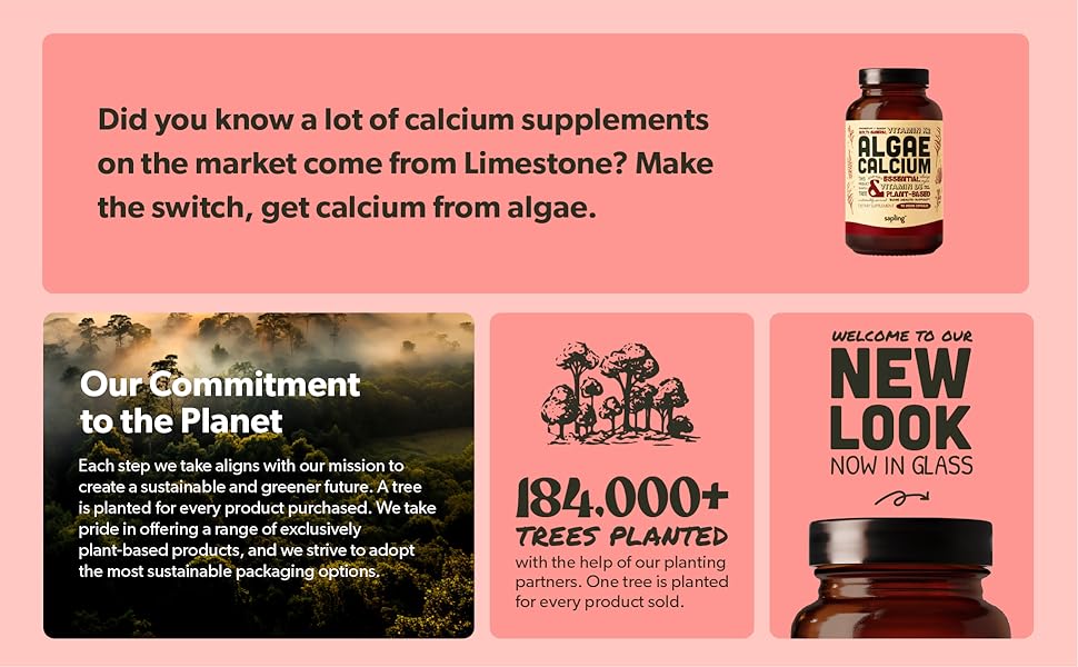 calcium from algae, glass bottle, plant trees