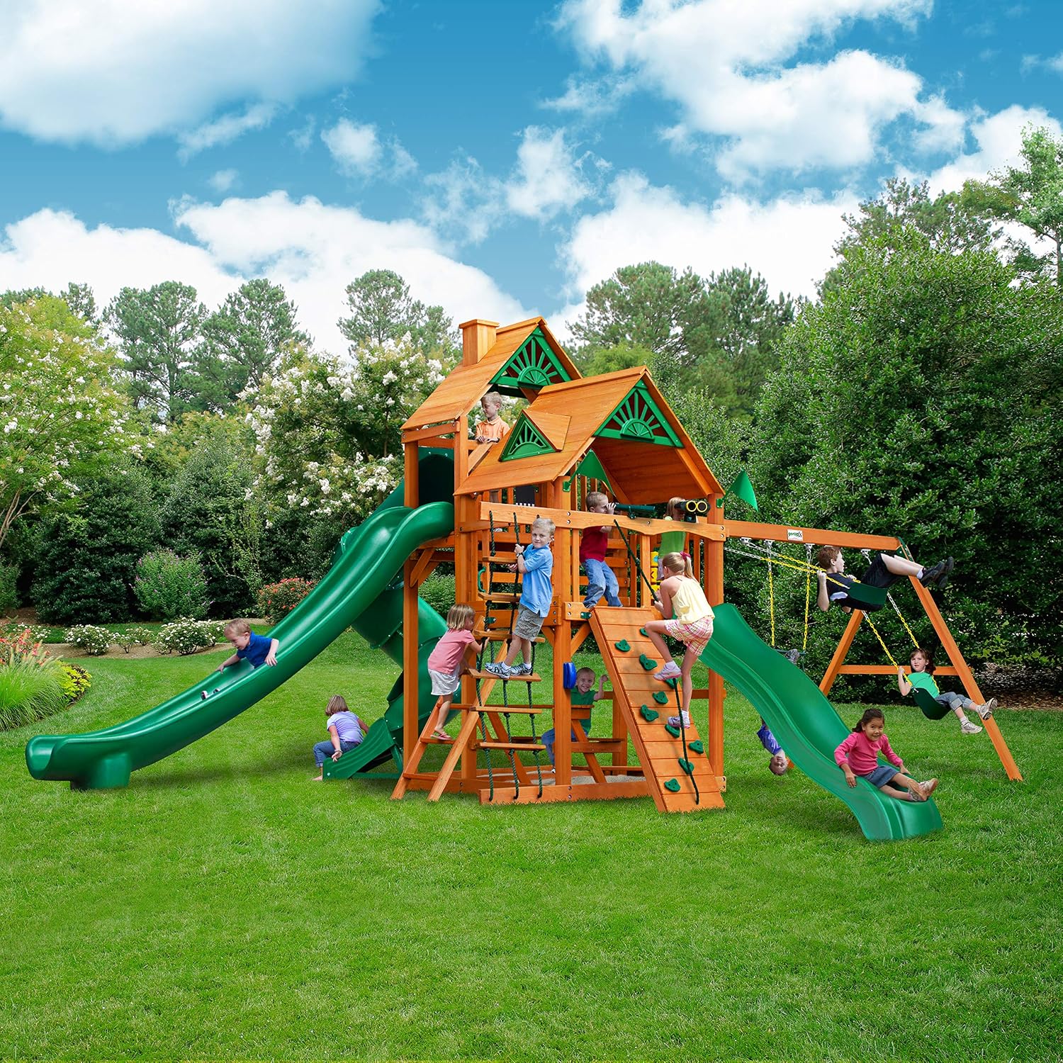 Gorilla Playsets 01-0031-AP Great Skye II Wood Swing Set with Wood Roof, 3 Slides, and Rock Wall, Brown