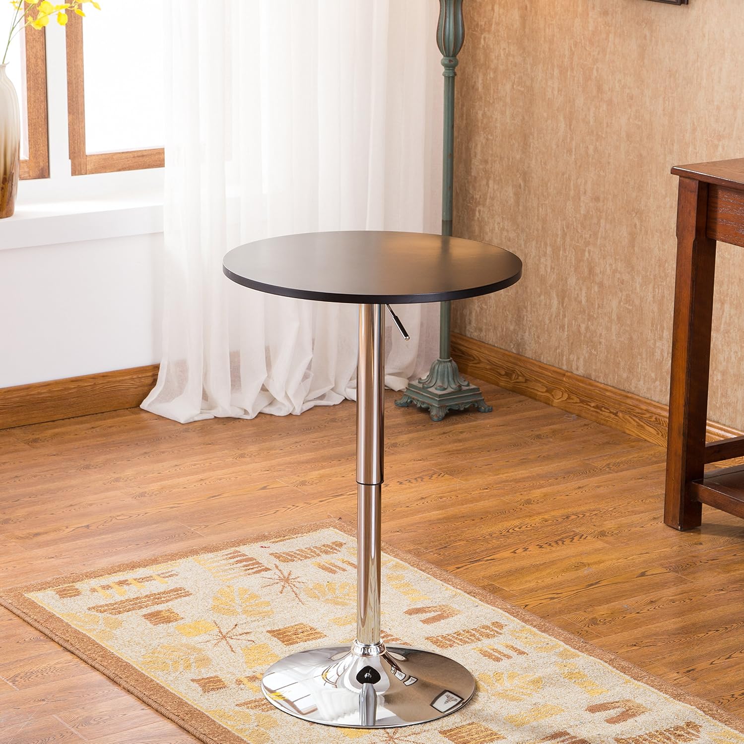 Roundhill Furniture Adjustable Height Wood and Chrome Metal Bar Table, White