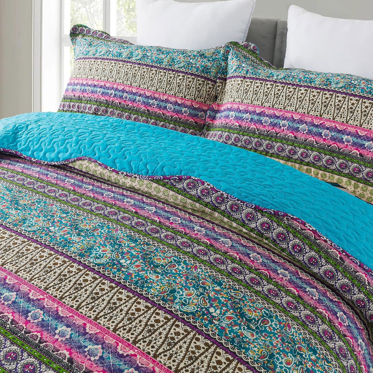 Striped Jacquard Style Cotton 3-Piece Patchwork Bedspread Quilt Sets, Queen Size
