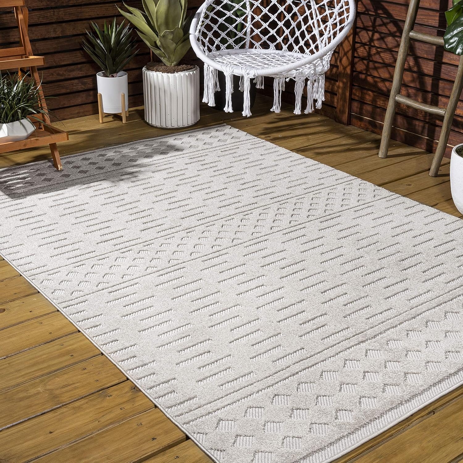 JONATHAN Y Moroccan Geometric Indoor Outdoor Area Rug 3X5 Beige, Xlendi High-Low Pile for Backyard, Patio, Porch, Easy-Cleaning, High Traffic