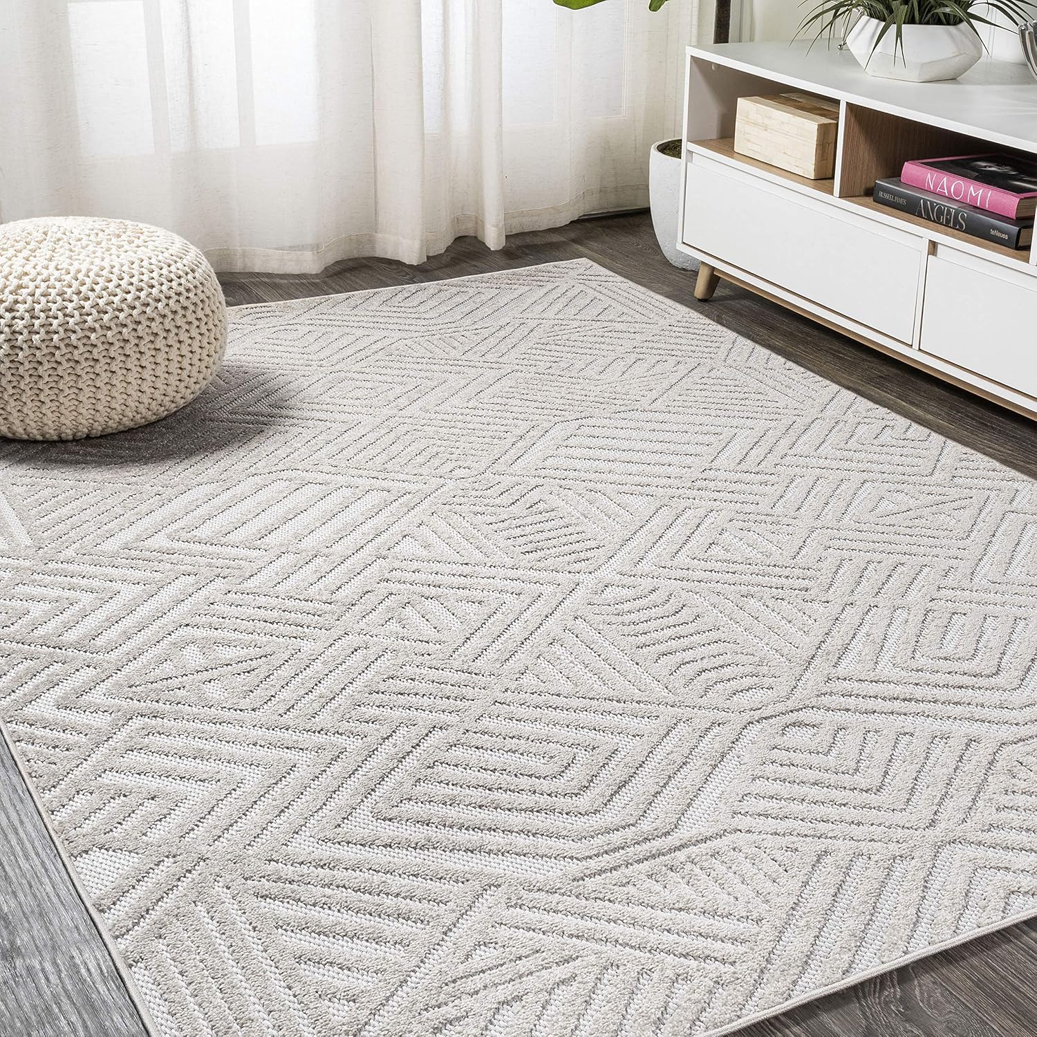 JONATHAN Y Art Deco Geometric Indoor Outdoor Area Rug 3X5 White/Black, Jordan High-Low Pile for Backyard, Patio, Porch, Easy-Cleaning, High Traffic