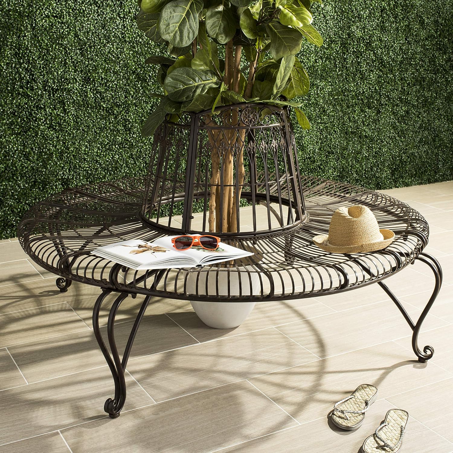 SAFAVIEH Outdoor - Ally Iron Tree Bench - Rustic Brown Iron Metal - Curved Scrollwork Garden Design - Ideal for Patio, Deck, Porch, Garden, 17.5" Seat Height (PAT5019A)